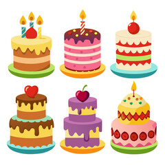 A delightful collection of six uniquely decorated cartoon birthday cakes each featuring vibrant colors playful designs and tempting toppings perfect for celebrations and sweet treat