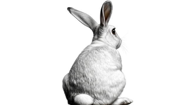 White rabbit with long ears sitting on a transparent background
