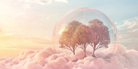 Floating metallic line art trees in a glass dome on pastel clouds