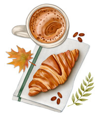 A cup of cappuccino and a croissant on a napkin with coffee beans and autumn leaves. Watercolor style illustration capturing the cozy feeling of a fall morning.