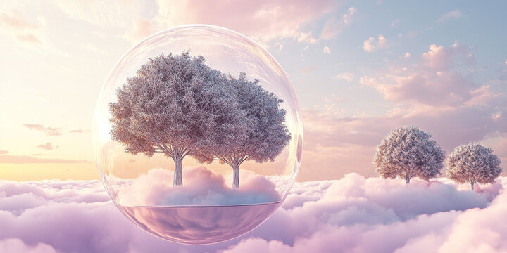 Floating metallic line art trees in a glass dome on pastel clouds