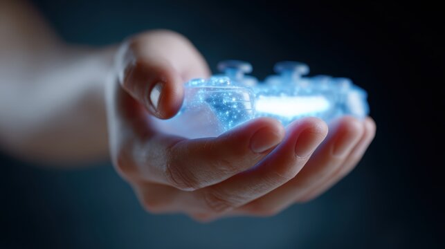 Conceptual image: A hand holding a miniature glowing gaming controller, control over virtual worlds. Immersion, power. Luminous, symbolic.