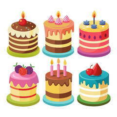 A delightful collection of six cartoon cakes each uniquely decorated with vibrant colors candles and various toppings perfect for celebrating birthdays or any special occasion