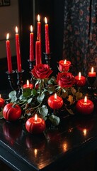  Red roses lying on a black table in black interior with red Halloween pumpkins and candles