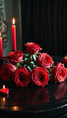  Red roses lying on a black table in black interior with red Halloween pumpkins and candles