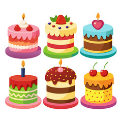 A delightful collection of six cartoon cakes each uniquely decorated with various toppings like strawberries cherries and a heart all topped with lit candles perfect
