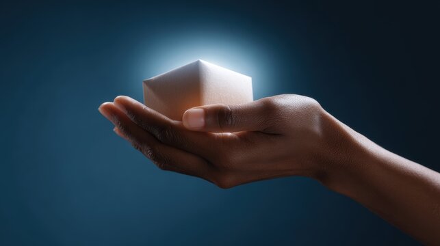 Conceptual image: A hand holding a small glowing parcel, symbolizing efficient global delivery. Speed, reach. Luminous, symbolic.