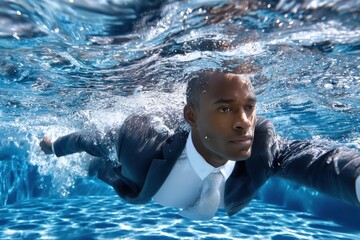 Businessman swims in a pool wearing a suit during a sunny day