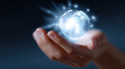 Conceptual image: A hand holding a glowing globe, with e-commerce symbols radiating outwards, global market reach. Expansion, opportunity. Luminous, symbolic.