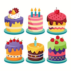 Collection of Six Colorful Cartoon Birthday Cakes with Various Toppings and Decorations Perfect for Celebrations and Sweet Treats Displayed on Teal Cake Stands Against a