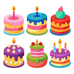 A vibrant collection of six cartoon birthday cakes each uniquely decorated with colorful frosting toppings and lit candles perfect for celebrations and festive occasions all