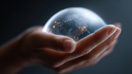 Conceptual image: A hand holding a small glowing earth with a protective barrier, global disaster resilience. Preparedness, unity. Luminous, symbolic.