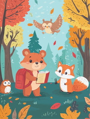 Playful woodland animals carrying school items in a colorful fall setting, great for DIY printables and kids' craft projects
