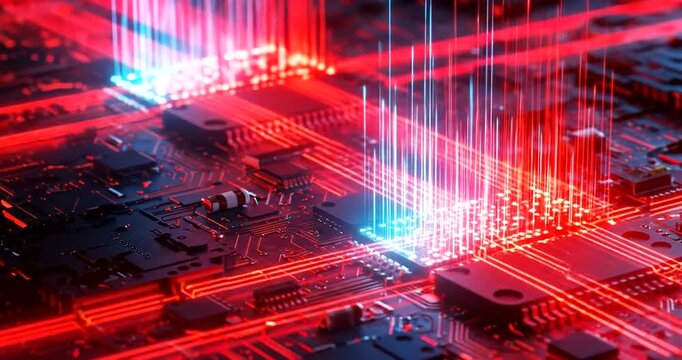 Abstract circuit board with red and blue lights