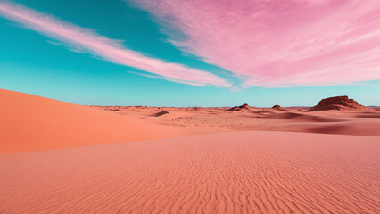 Surreal desert landscape with pink sand and cyan skies