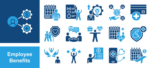 Bereavement, Wellness program, Professional Employee Benefits icon set. withdevelopment, Profit sharing, Saving account, Elder care, Legal assistance, Work life balance, Family health care.