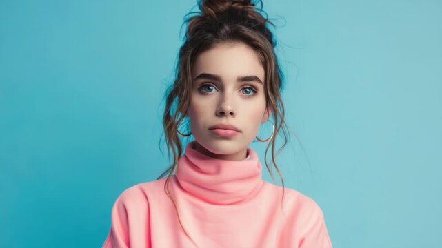A woman wearing a pink turtle neck sweater
