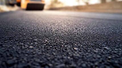 A close up view of freshly laid asphalt with a blurry roller in the background on a sunny day