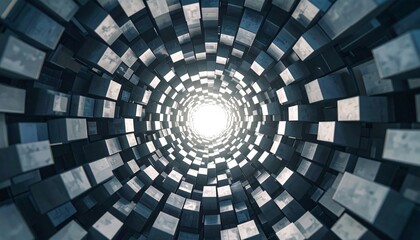 Naklejka premium Hypnotic Tunnel of Interlocking Blue and White Cubes, Abstract 3D Render, Futuristic Portal and Digital Pathway, Modern Technology Background, Gateway to Innovation