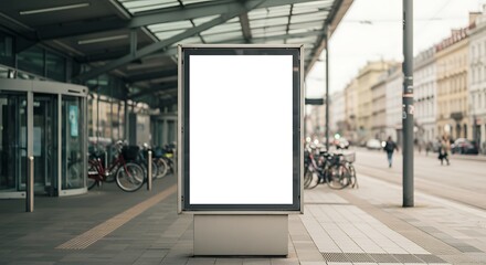 Empty Vertical Billboard Outside Train Station Entrance with Glass Doors, Parked Bicycles, and Urban Street