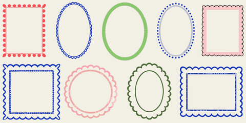 Collection of decorative scalloped and oval frames in various colors