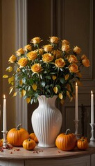  4. Bouquet with roses, yellow leaves, candles & pumpkins — dark olive evening interior