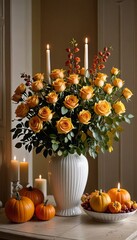  4. Bouquet with roses, yellow leaves, candles & pumpkins — dark olive evening interior