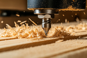 Industrial drill press cutting wood with precision and speed