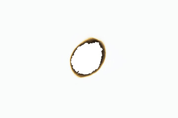 Burnt paper hole with burnt edges and charred details for a grunge frame or border design element, isolated on white background with clipping path.