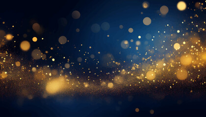 Elegant abstract background with dark blue and gold particles, Christmas golden light bokeh on navy blue, gold foil texture for holiday themes