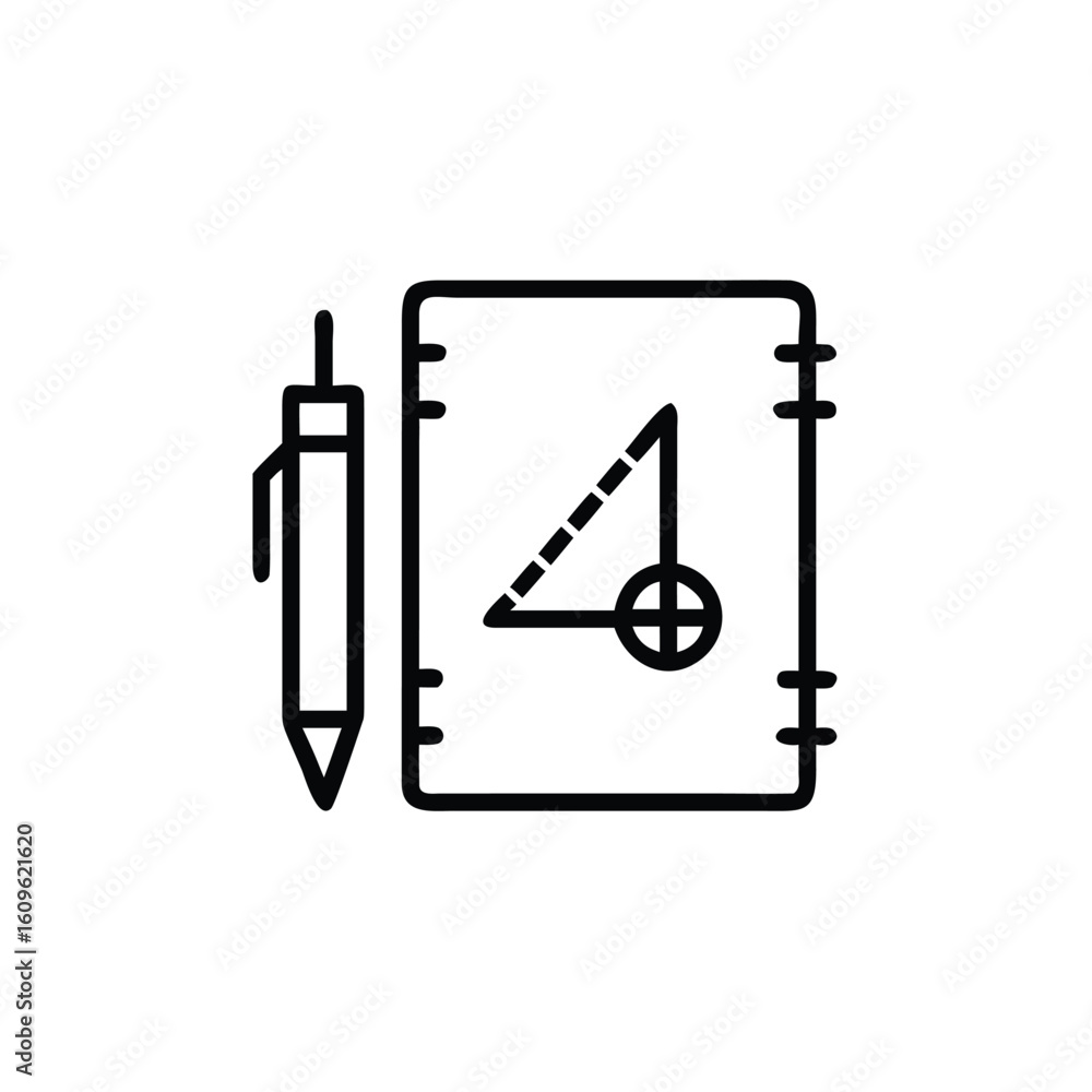 Poster line art icon an open notebook with a pen drafting tools writing drawing
