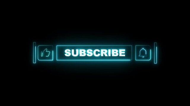Youtube subscribe effect glowing button on black screen, bell, like icon  animation. HD motion graphic video.