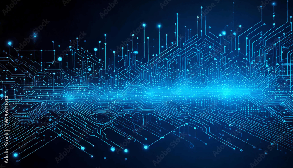 Poster abstract ai circuit board background. technology connected blue lines with electronics elements on t