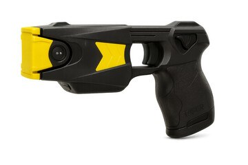 Black and yellow taser gun with transparent background