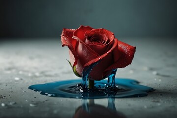 Red rose in blue liquid