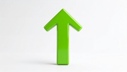 A shiny green arrow pointing upward on a white background symbolizing growth, progress, or increase.