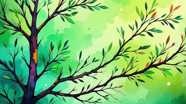 Abstract watercolor style art combination of art colorful and green themed background. Tree branches textured art with sense of colors