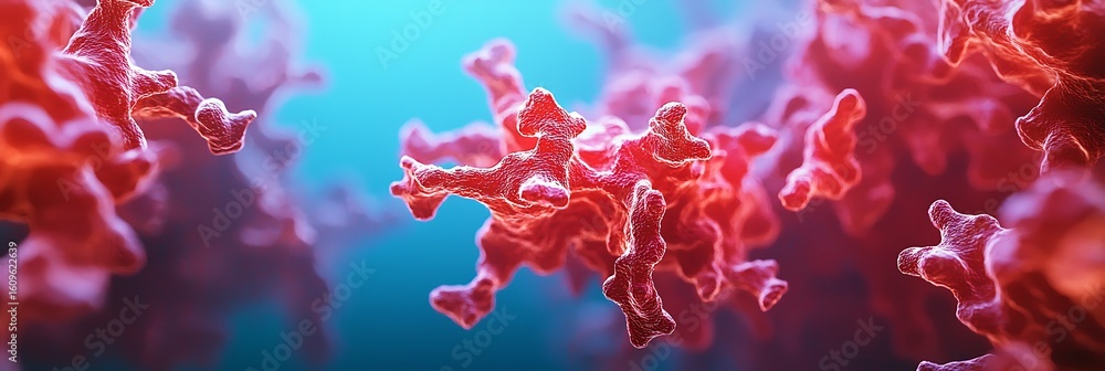 Poster close-up digital rendering of a virus particle showing its spike proteins in red against a blue back