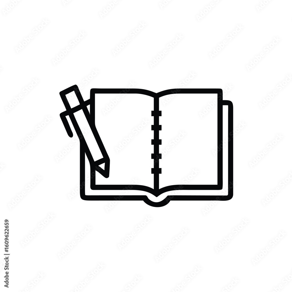 Poster open notebook with pen icon simple outline on writing