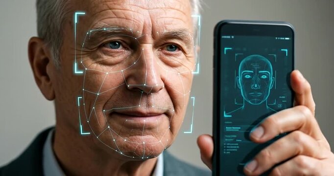 Senior man using facial recognition on phone
