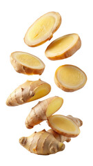 flying ginger and half slices isolated on transparent white background, clipping path