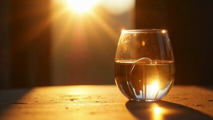 
A glass with a light drink standing on the surface. The drink is illuminated by bright sunlight, creating beautiful highlights and shadows. The sun's rays penetrate the glass, emphasizing its shape a