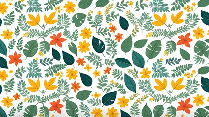 seamless pattern in all sides with colorful leaves and flowers design in white background