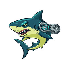 Fearsome Mechanical Shark with Jet Engine Fixture and Angry Expression Vector Sticker Design