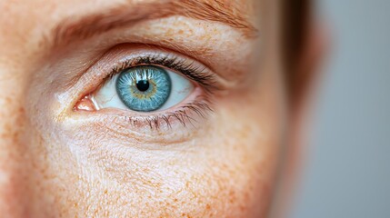 Fototapeta premium Close-up of a blue eye with detailed iris texture, surrounded by light skin and fine eyelashes.