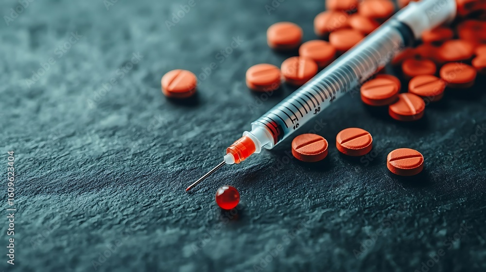Poster a syringe with a red droplet at the needle tip lies on a dark surface surrounded by scattered red pi