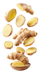 flying ginger and half slices isolated on transparent white background, clipping path