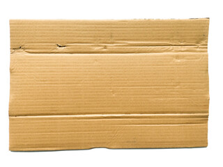 A piece of cardboard with a textured striped pattern, kraft paper for wrapping on a white background. The edges of the cardboard are torn and wavy brown. Top view of recycled cardboard texture.