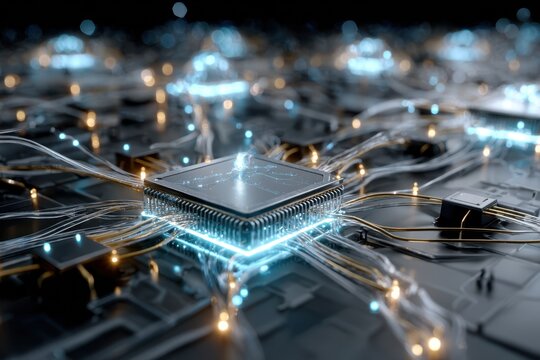Advanced computer chips and circuits glow in a high-tech digital environment - Powered by Adobe
