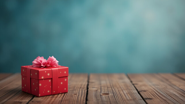 Red gift box with pink flower on wooden surface blank space for text festive celebration or special occasion background